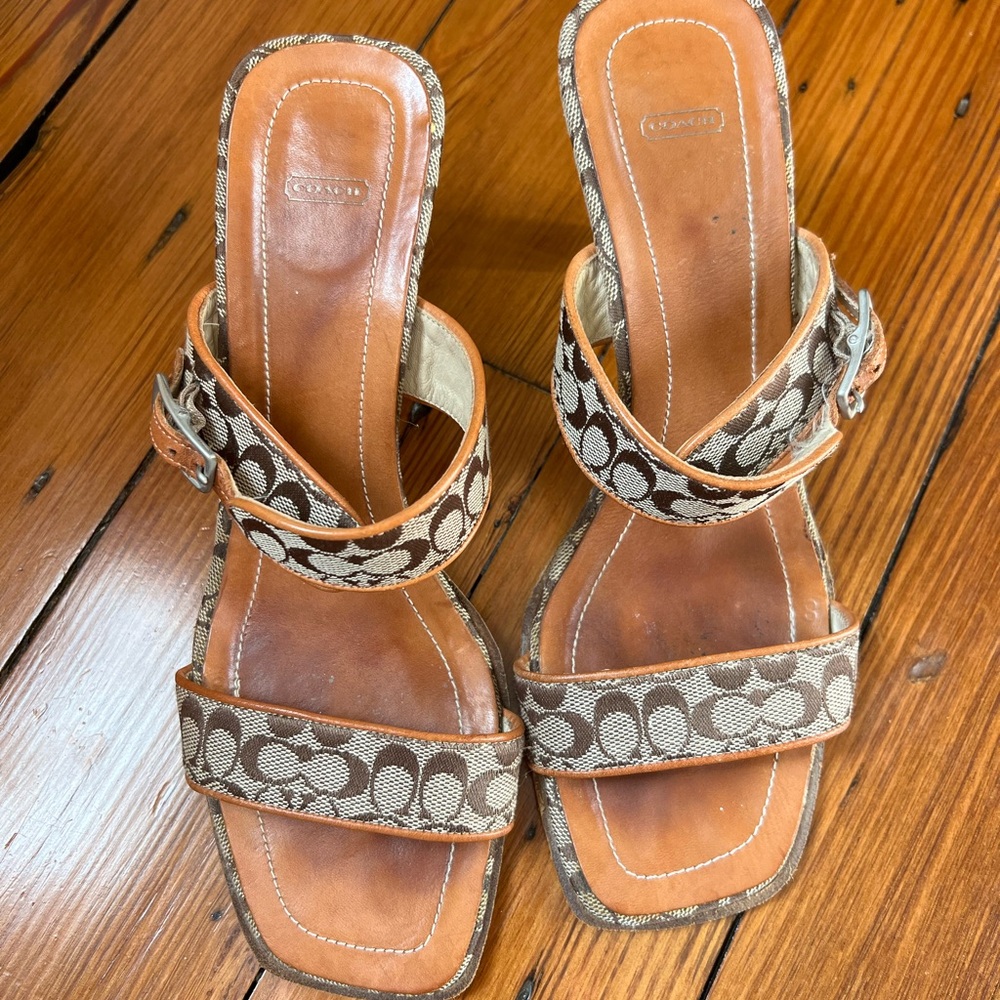 Coach Brown Signature Canvas Strappy Heels